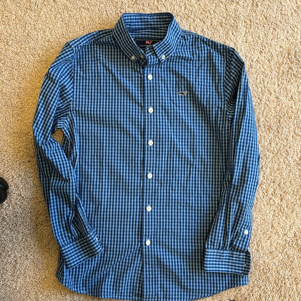 Vineyard Vines blue check whale shirt boys medium